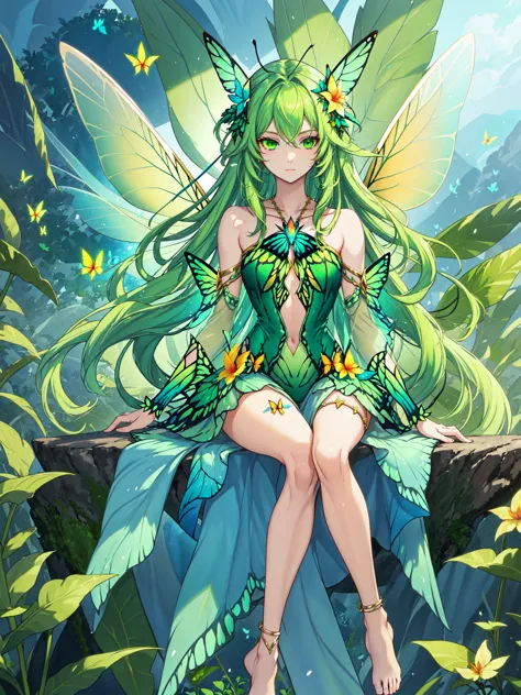 a woman sitting on a tree branch with a green dress and butterfly wings