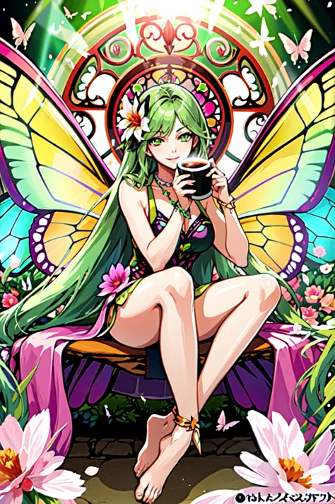 anime fairy sitting on a bench with a cell phone in her hand