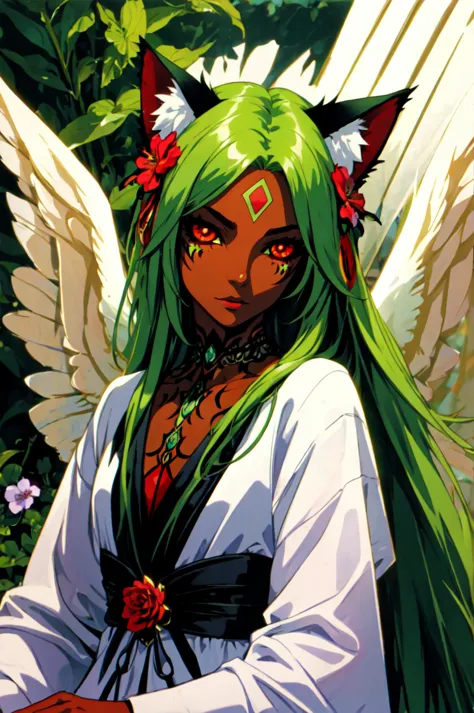 a close up of a woman with green hair and a white shirt