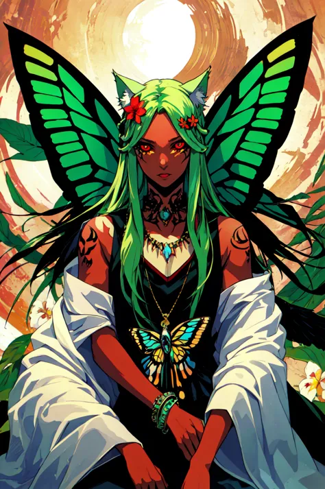 a woman with green hair and a butterfly wings sits on a rock