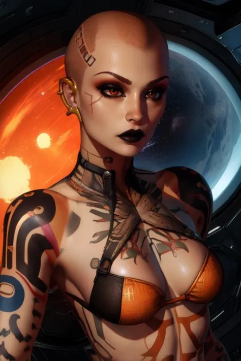 Jack,black lips,  tattoo , ear piercing,  solo,  serious,   bald, 
standing,  upper body,  brown eyes,     
orange, top, clothing cutout,  
 cyber prison, space station,
 (insanely detailed, beautiful detailed face, masterpiece, beautiful detailed eyes, be...