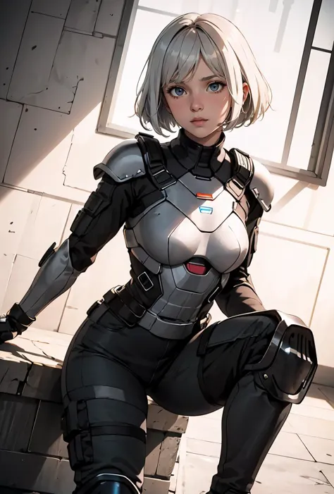 a close up of a woman in a futuristic suit posing for a picture