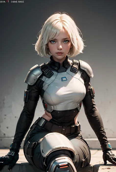 a close up of a woman in a futuristic suit sitting on a ledge