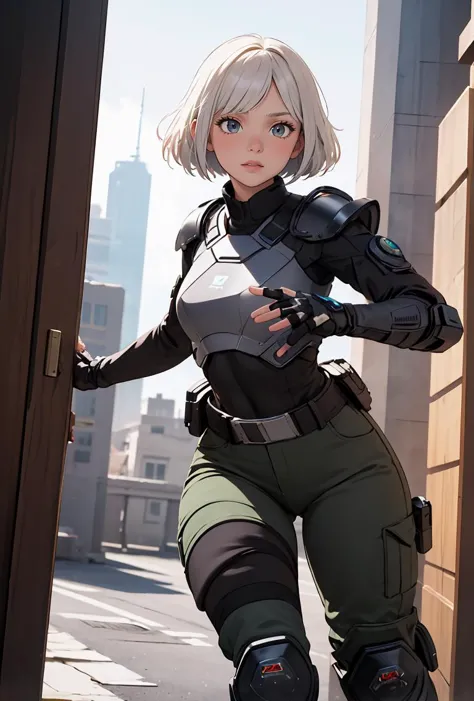 a woman in a futuristic suit standing in front of a door