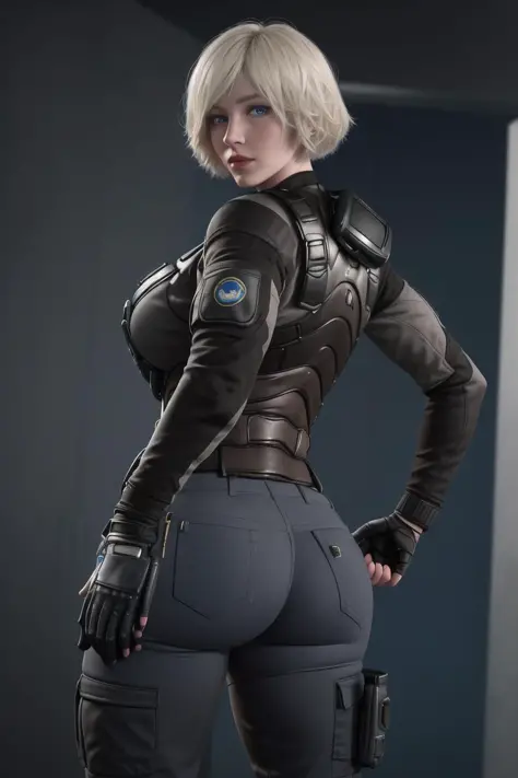 <lora:iana_(rainbow_six):0.8>, iana (rainbow six), masterpiece, best quality, 1girl, short hair, blue eyes, solo, blonde hair, looking back, from behind, looking at viewer, bodysuit, lips, hand on hip, gloves, pants, fingerless gloves, breasts, black pants