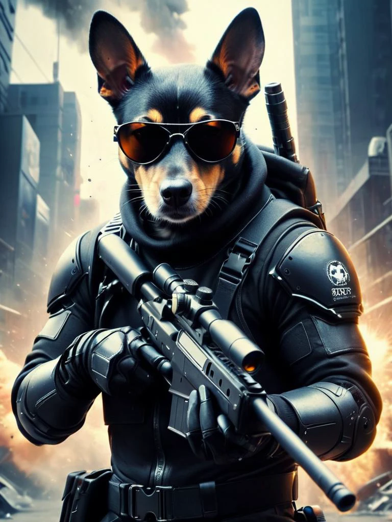 白色、黑色和棕色的ratero mallorquin狗, 穿著賽博龐克風格的連身衣, 太陽眼鏡,黑手套, 電影海報, 矩陣式, 爆炸, 底片顆粒狙擊步槍