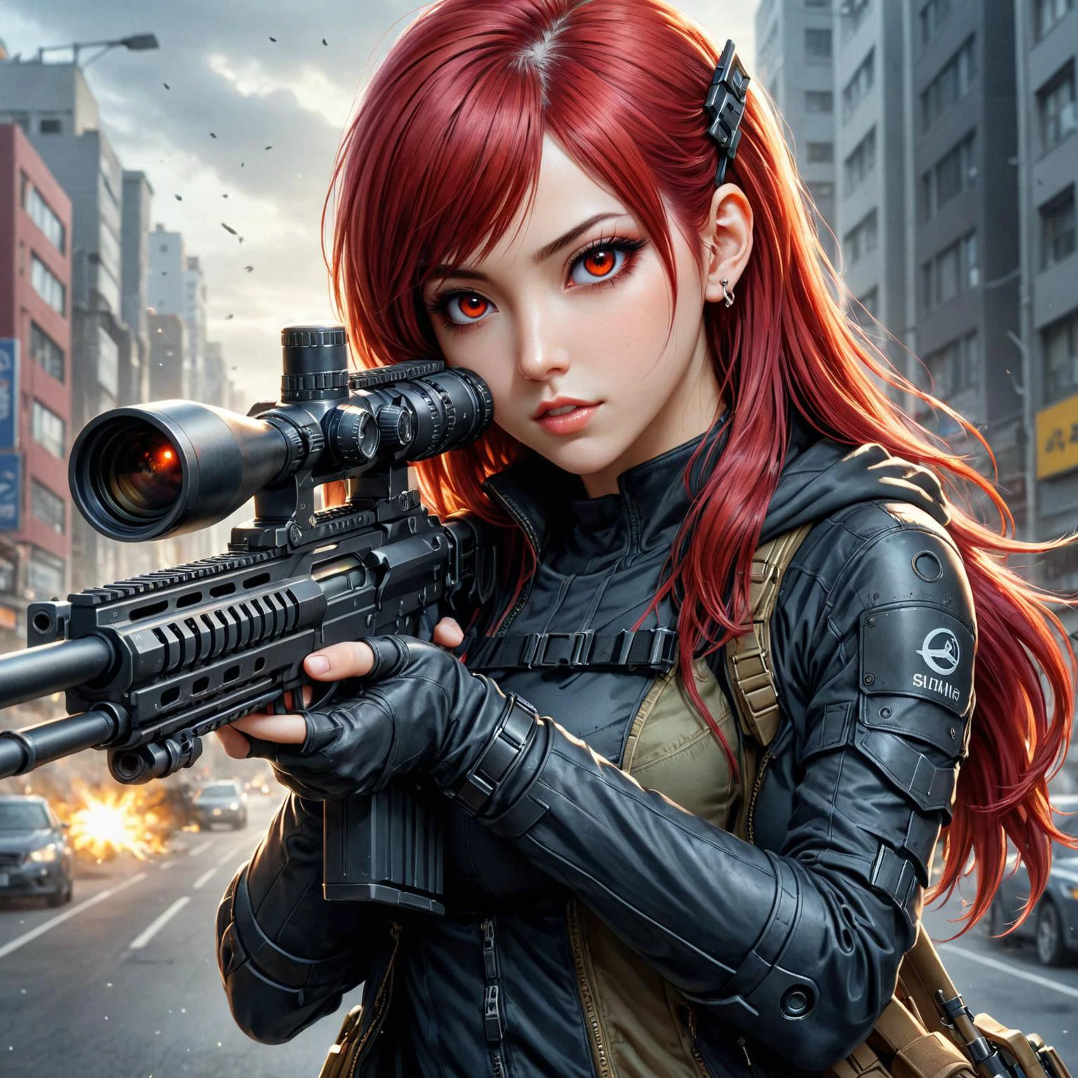 by Alex Alemany and Harumi Hironaka in the style of Yuumei, using a sniper rifle Brazilian, red_haired|} 