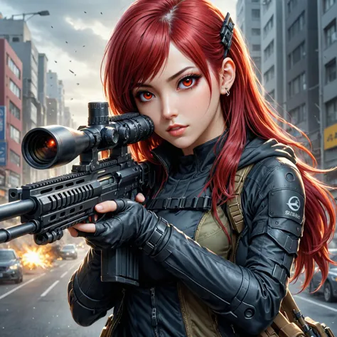 by Alex Alemany and Harumi Hironaka in the style of Yuumei, using a sniper rifle <lora:sniper_rifle:0.40>, Brazilian, red_haired...