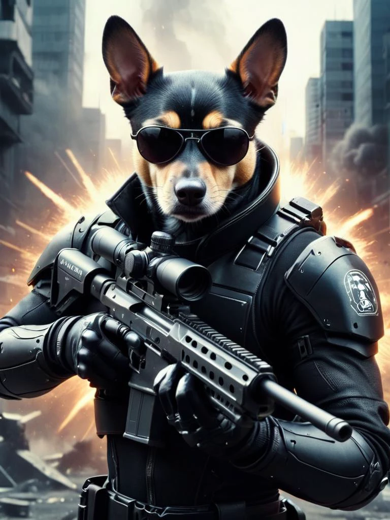一只白色、黑色和棕色的拉特罗马洛金犬, 穿着赛博朋克风格的紧身衣, 太阳镜,黑手套, 电影海报, 矩阵式, 爆炸, 胶片颗粒 狙击步枪