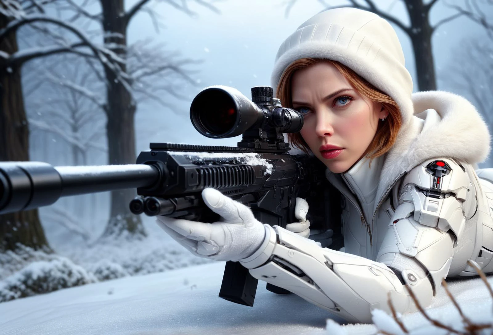 amazing quality, masterpiece, best quality, hyper detailed, ultra detailed, UHD, depth of field, detail eyes, from above, sky line, night,
Scarlett Johansson, the black widow hide in the snow, covered by snow, aiming at the camera, action shot, reflective light, snow land, snowing, tree,
(white Sniper Rifle:1.3), white suit, white fur hat,
