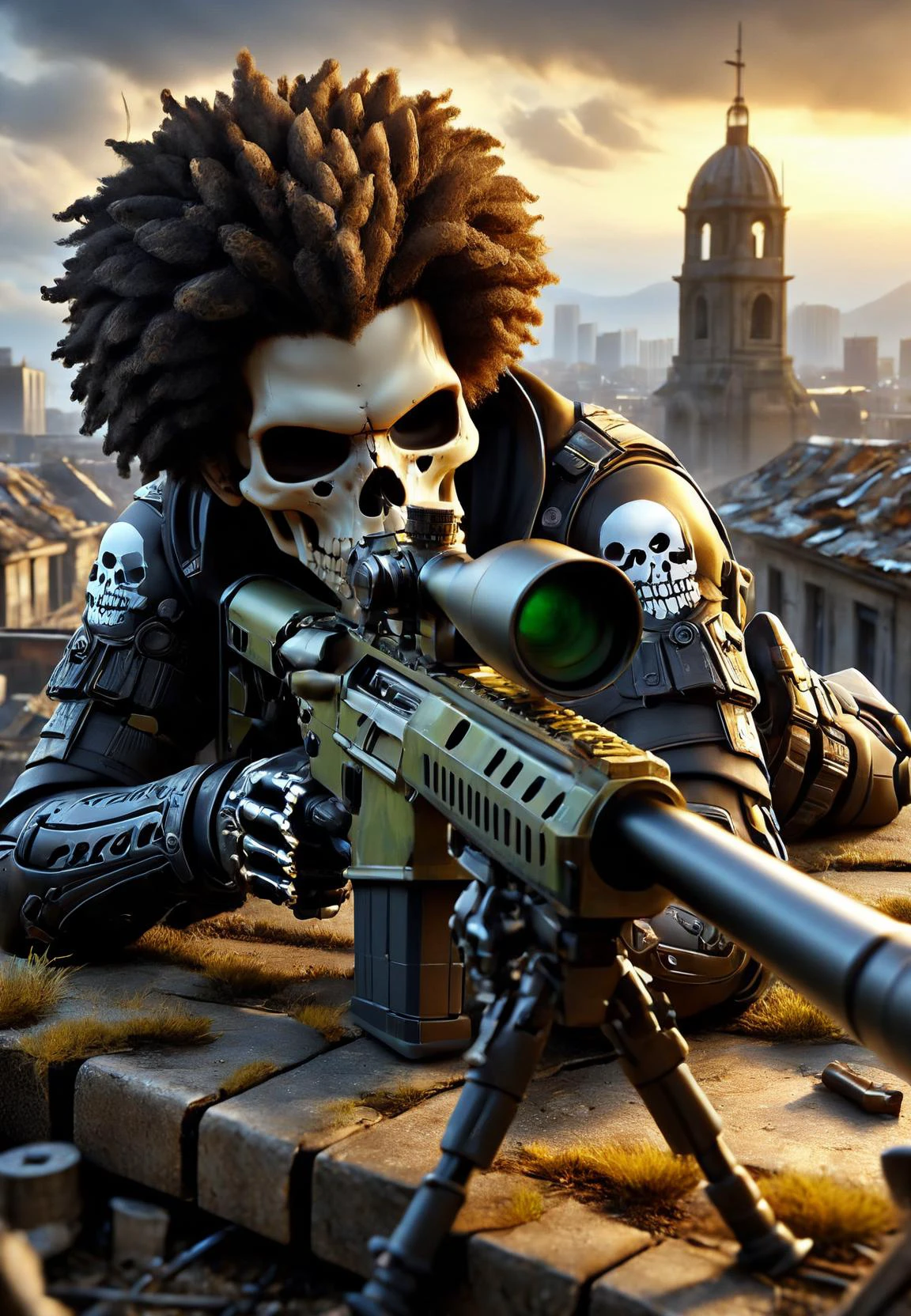 amazing quality, masterpiece, best quality, hyper detailed, ultra detailed, UHD, depth of field, detail eyes, from above, sky line,
a (skull:1.4) with afro hair laying on the roof, camouflage suit, aiming at the camera, action shot, reflective light, old buildings, abandoned city, war,
Sniper Rifle, cartridge case,
