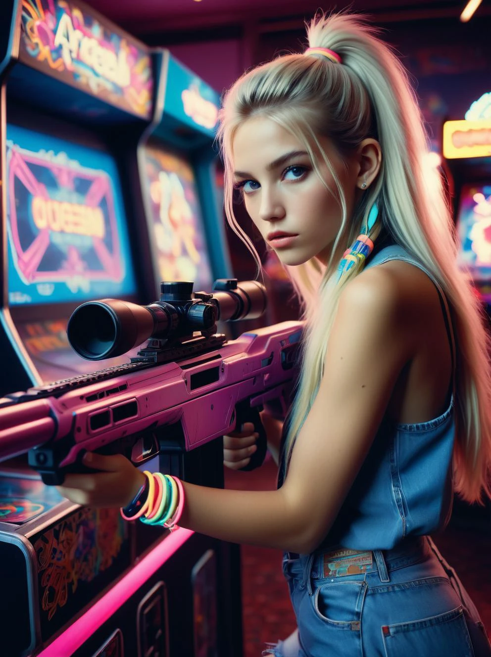 style of Richard Avedon, style of Hasselblad,photorealistic, grainy, indoors, moody lighting,20yo woman, 
 Sniper Rifle, aiming at arcade machine,
long platinum blonde straight hair in ponytail with neon scrunchie,looking at viewer from three quarter angle tilted neck,neon lights flickering,layers of bright friendship bracelets,
vintage arcade machines in the background,,vibrant color palette dominated by neons magentas and vibrant blue,