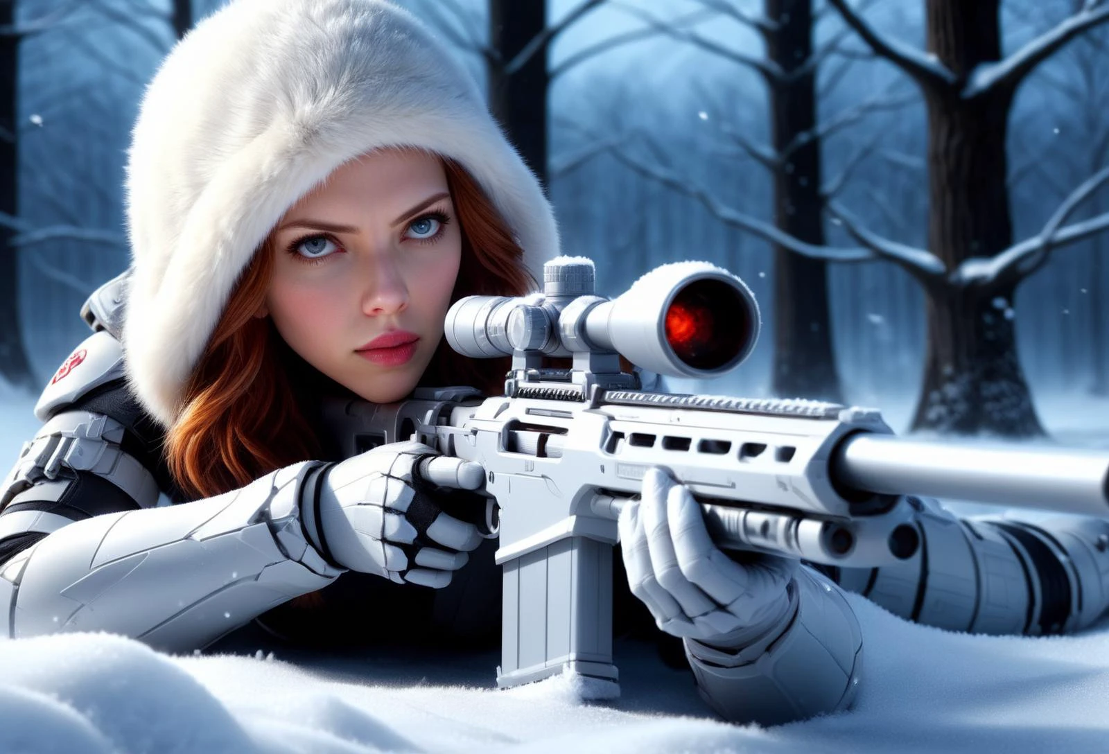 amazing quality, masterpiece, best quality, hyper detailed, ultra detailed, UHD, depth of field, detail eyes, from above, sky line, night,
Scarlett Johansson, the black widow hide in the snow, covered by snow, aiming at the camera, action shot, reflective light, snow land, snowing, tree,
(white Sniper Rifle:1.3), white suit, white fur hat,
