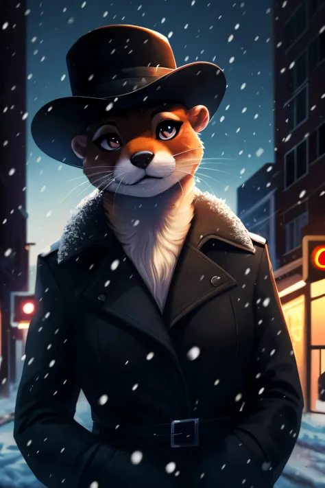 a cartoon fox wearing a hat and coat standing in the snow