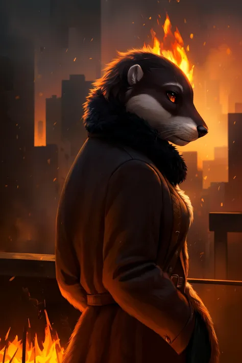 otter, detective, anthro, female, fur coat, (best quality), (detailed fire urban background:1.2), dramatic lighting, (detailed fluffy fur:1.1), (fantasy:1.2)