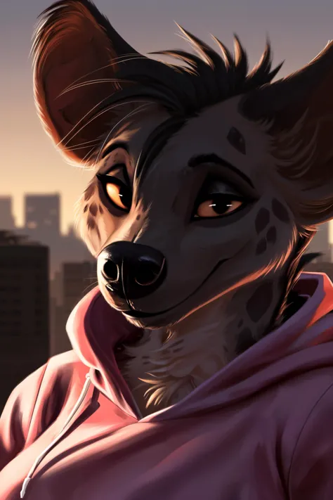 shenzi, furry female anthro, hyena girl, portrait, close-up, (hoodie:1.2), fur trim, solo, (body fur:1.2), (best quality), (detailed urban background:1.2), dramatic lighting, (detailed fluffy fur:1.1), looking at viewer, medium breasts, <lora:shenzi-v1:1>