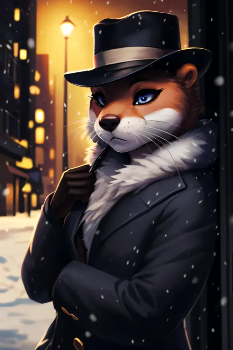 detective otter, detective hat, anthro, female, (best quality), (detailed dark urban background:1.2), dramatic lighting, (detailed fluffy fur:1.1), snowing, asian eyes, eyeshadow