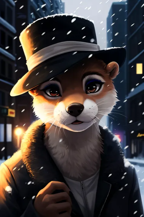 a close up of a cartoon fox wearing a hat and coat