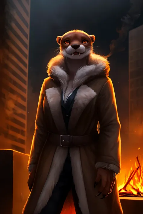 otter, detective,claws, lurk, fangs, anthro, female, fur coat, (best quality), (detailed fire urban background:1.2), dramatic lighting, (detailed fluffy fur:1.1), (fantasy:1.2)