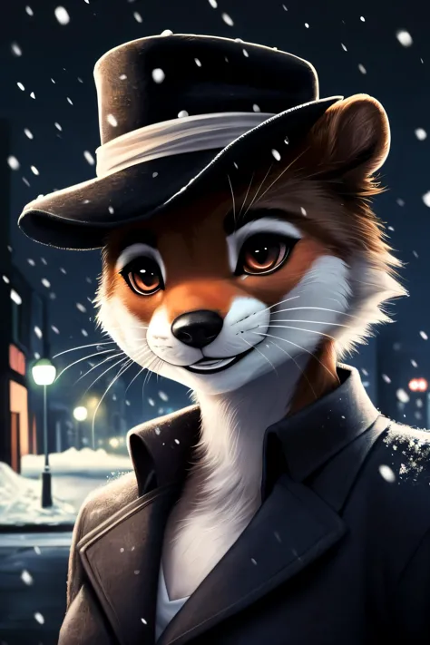 a close up of a cartoon fox wearing a hat and coat