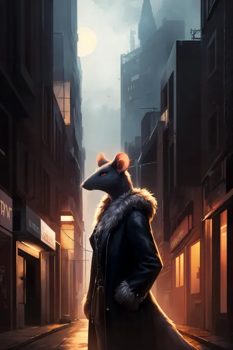 a cartoon rat in a coat standing in a city street