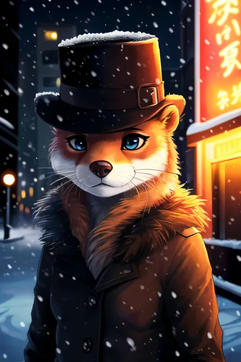 a fox wearing a top hat and coat in the snow