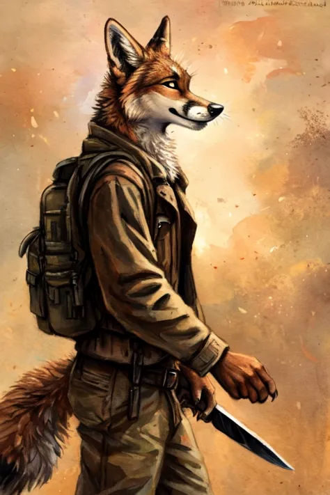 By kenket, rukis, Fox robot , anthropomorphic, coyote, adventurer, full body, mature male, short jacket, canvas trousers, small backpack on the back, leather belt, short sword on the belt