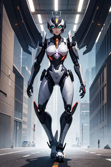 a close up of a woman in a futuristic suit standing on a street