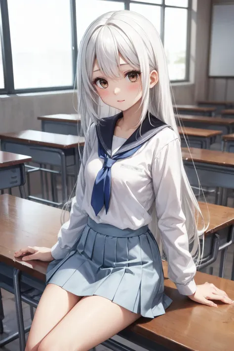 (masterpiece:1.2),best quality,extremely detailed,
BREAK
cute girl,(petite:1.3),solo,shiny skin,small breasts,very long hair,
detailed eyes,perfect anatomy,
cute eyes,(white eyes:1.3),(white hair:1.4),
BREAK
white shirt,white skirt,school uniform,
BREAK
classroom,table,chair,
BREAK
character focus,looking at viewer,
BREAK
<lyco:Add More Details:0.4>