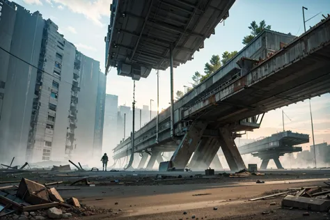 a close up of a person walking on a street near a bridge