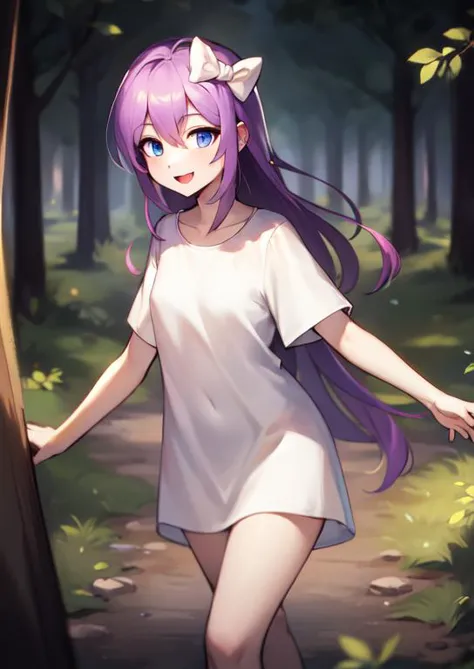 (masterpiece, best quality:1.2), extremely detailed, soft ambient lighting, sharp focus, 4K, colorful scene, BREAK <lora:aubreyheadspacev6:0.9>, aubreyheadspace, 1girl, solo, very long purple hair, bright blue eyes, white shirt, short sleeves, yellow bow, BREAK outdoors, forest, looking at viewer, happy