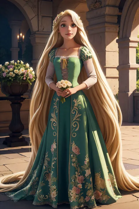 <lora:rapunzelV2:0.7>, rapunzel 1girl, blonde hair, long hair, green eyes, very long hair, flower, dress, flowers, high heels, l...