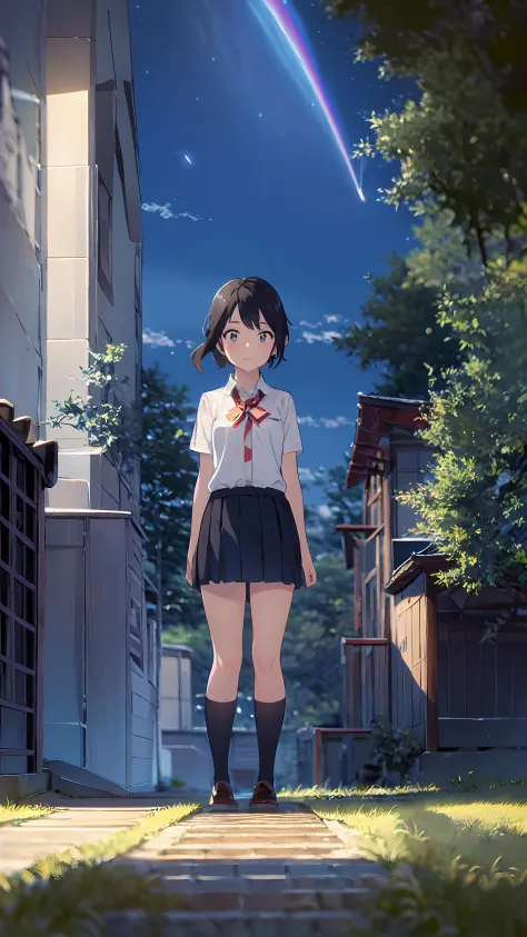 (best quality), (masterpiece), (ultra detailed), (highres), production art, 1girl, sky, solo, star (sky), long hair pony tail, outdoors, skirt, starry sky, scenery, school uniform, night, shirt, grass, standing, white shirt, socks, night sky, black skirt, bow, arms behind back, short hair, black hair, brown hair, kneehighs, cloud, collared shirt, ribbon, shooting star, looking at viewer,