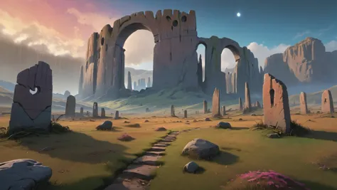 (photorealistic detailed digital illustration of a single large arcane ruins castle:1.38), 8k, Massive rock arches framing distant starfields in the background, at gentle dawn light by Goro Fujita and Simon Stalenhag, deep fog and HR Aenami, vray uhd matte painting, trending on cgsociety, airbrush art, deviantart, low res, hyper detailed, stylized cartoonish, psychedelic hearts and crepuscular the gahne6, unreal engine, octane, wide panorama, super wide angle lens, 3ds mucha virtual engine, intricate Jump rendering <lora:Arcane_Ruins_XL:0.7>  <lora:detailed_notrigger:0.8>