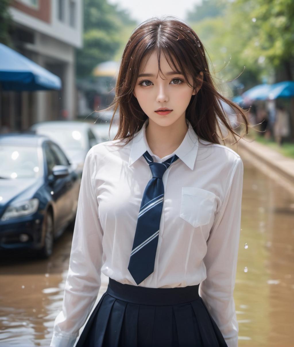 Arafed asian woman in a white shirt and blue tie standing in a flooded  street - SeaArt AI