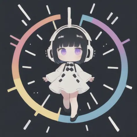 anime girl in white dress with headphones standing in front of a clock