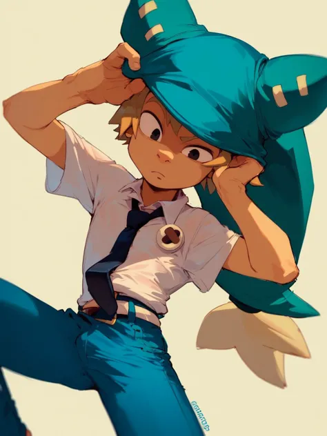 anime boy with a hat and tie holding his head