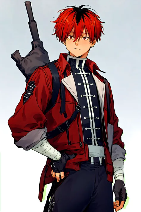 1boy, solo, cowboy shot, fine art parody, upper body, standing, simple background, 
looking at viewer,  <lora:yawanuri:1>  <lora:Stark:1>starkfrieren, bandages, red jacket, black shirt, pants, boots, black pants, black gloves, fingerless gloves, cross-laced footwear, long sleeves, pants tucked in, simple background,