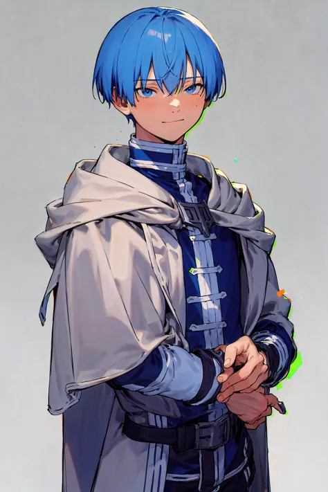 a close up of a person with blue hair and a cape