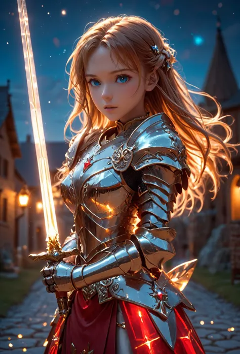 a woman in armor holding a sword in front of a castle