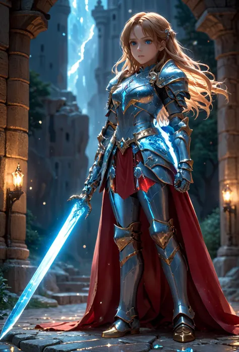 a woman in armor holding a sword in a courtyard