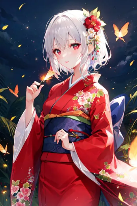 1fille, le feu vole, Floral_imprimer, kimono, Long_manches, regarder_à_téléspectateur,  rouge_yeux, court_cheveux, seulement, blanc_cheveux, large_manches, nuit