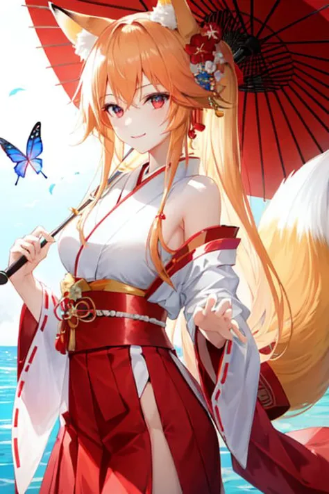 1girl, animal_ear_fluff, animal_ears, bangs, bare_shoulders, breasts, bug, butterfly, closed_mouth, eyebrows_visible_through_hai...