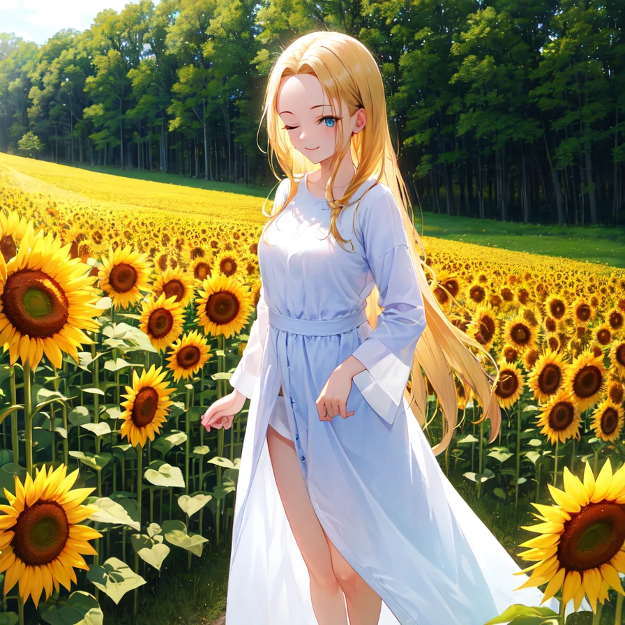 Masterpiece, best quality, solo, 1girl, long blond hair, (forehead:1.2), eyes closed, :3, smug, standing, oversized shirt, oversized clothes, slippers, small breasts, full body, cowboy shot, outdoors, field of flowers, sunflowers,