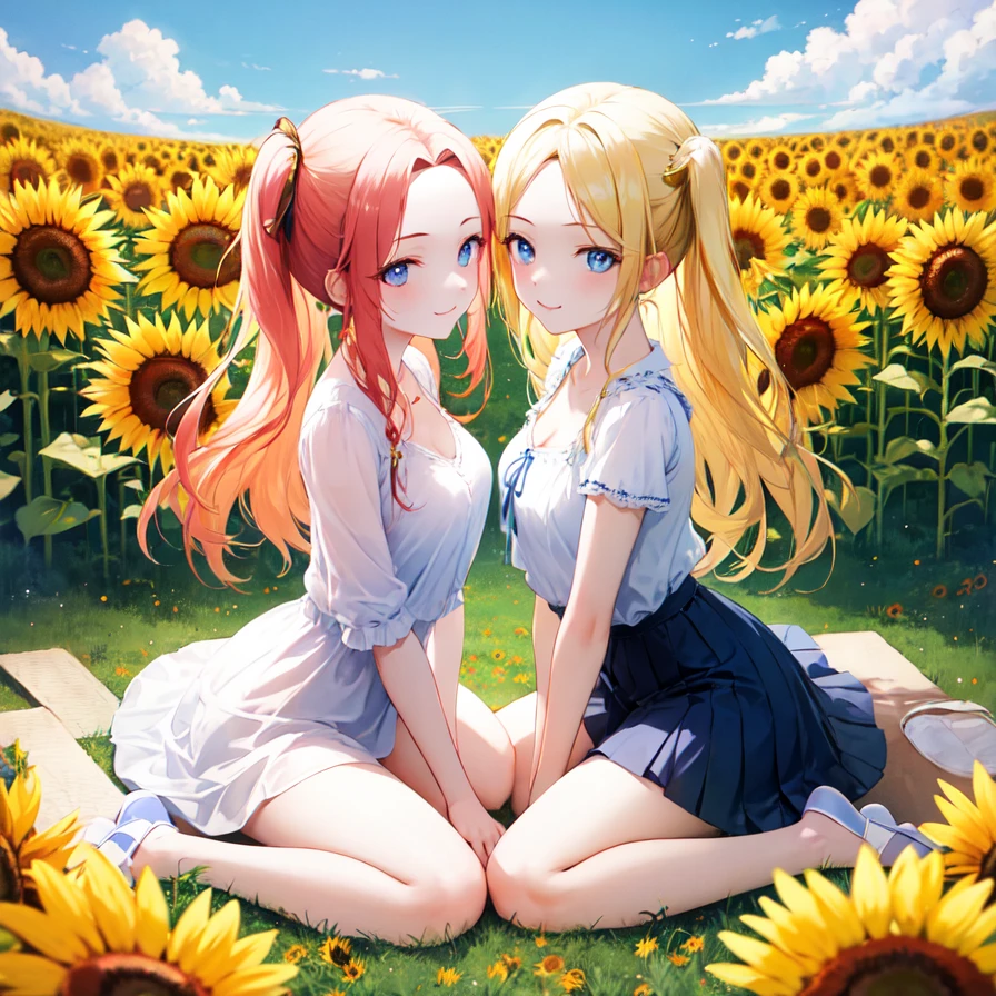 Masterpiece, best quality, 2girls, twins, symmetry, symmetrical pose, long blond hair, (forehead:1.2), :3, smug, wariza, oversized shirt, oversized clothes, slippers, small breasts, full body, cowboy shot, outdoors, field of flowers, sunflowers,