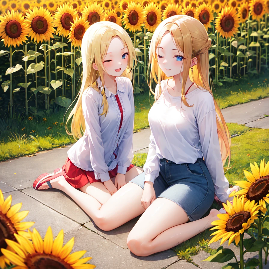 Masterpiece, best quality, 2girls, long blond hair, (forehead:1.2), eyes closed, :3, smug, wariza, oversized shirt, oversized clothes, slippers, small breasts, full body, cowboy shot, outdoors, field of flowers, sunflowers,
