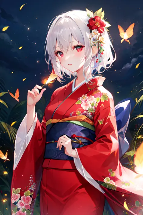 1girl, fire flies, floral_print, kimono, long_sleeves, looking_at_viewer,  red_eyes, short_hair, solo, white_hair, wide_sleeves,...