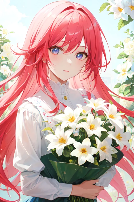 1 chica, solo, flores, cabello rosado, white flores in background, cabello brillante, ramo de flores, tono mapeado, alto contraste