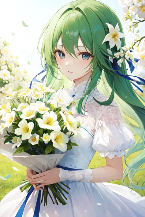 1girl, solo, flowers, green hair, white flowers in background, shiny hair, flower bouquet, tone mapped, high contrast, strings, ...
