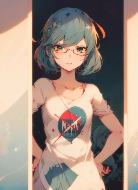 anime girl with blue hair and glasses standing in front of a window